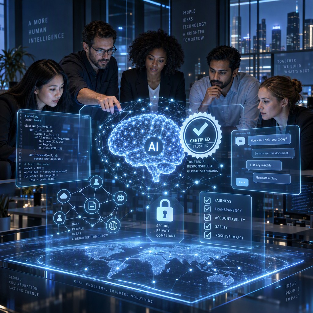 Team of professionals around a holographic AI brain with a certification seal